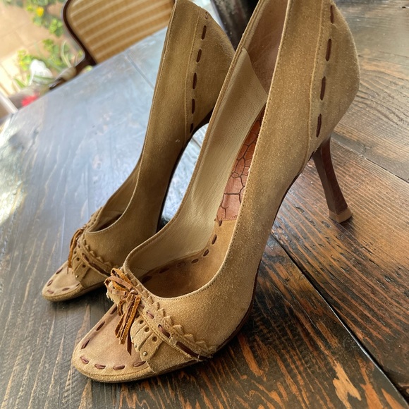 Christian Dior vintage camel suede moccasin style open toe pump size 9 - Picture 4 of 12